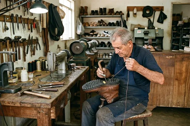 Artífice realizando a troca de solado em um sapato dentro de uma oficina.