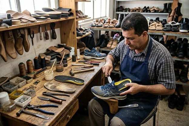 Profissional ajustando palmilhas dentro de um tênis em uma oficina.