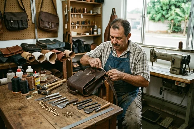 Expert ajustando uma bolsa de couro em uma oficina de reforma.