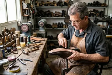 Especialista ajustando um sapato social em um ambiente de trabalho de sapateiro.