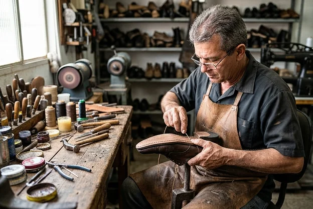 Especialista ajustando um sapato social em um ambiente de trabalho de sapateiro.