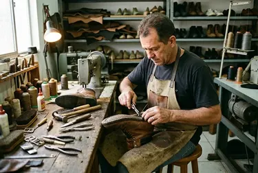Técnico especializado ajustando o zíper de uma bota na oficina de sapateiro.