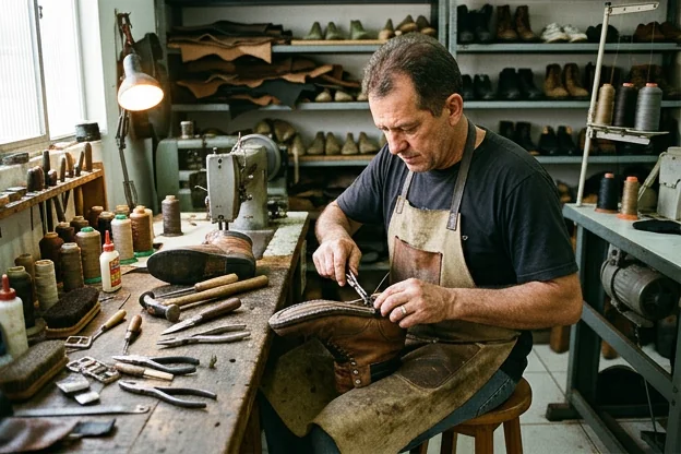Técnico especializado ajustando o zíper de uma bota na oficina de sapateiro.